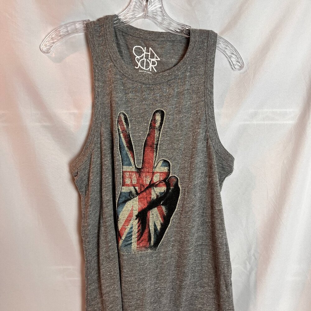 Women's Sleeveless grey Chasor Racerback Tank w/peace sign hand, Size M